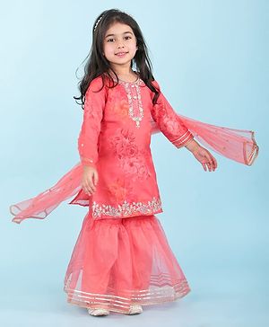 Babyhug Woven Organza Three Fourth Sleeves Floral Embroidered & Printed Kurta Gharara Set with Dupatta - Pink