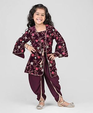 Babyhug Woven Velvet Floral Embroidered Top With Dhoti & Three Fourth Sleeves Jacket Set - Wine