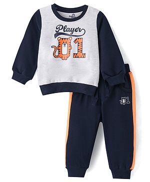 Doodle Poodle Light Weight Looper Cotton Knit Full Sleeves T-Shirt & Lounge Pants Set With Text & Tiger Print - Navy & Melange Grey