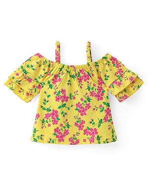Babyhug Cotton Knit Cold Shoulder  Sleeves Top with Frill Detailing & Floral Print - Yellow