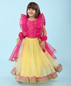 Babyhug Woven  Frill Sleeves Net Sequinned Floral Embroidered  Choli Lehenga & Dupatta Set - Yellow