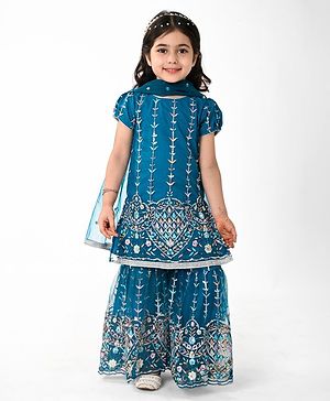 Babyhug Woven Short Sleeves Sequinned Floral Embroidered Kurti Gharara & Dupatta Set - Teal