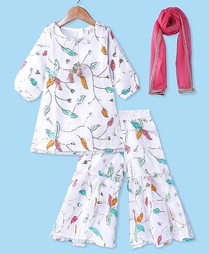 Babyhug Woven Three Fourth Sleeves Kurta & Gharara Set with Dupatta Sequin & Leaf Embroidery - White