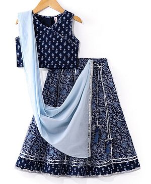 Babyhug Cambric Woven Sleeveless Choli Lehenga & Dupatta Set Floral Print with Tassle Detailing - Indigo