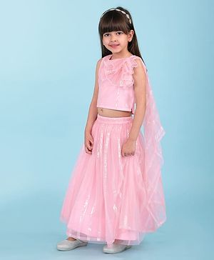 Babyhug Woven Sleeveless Net Sequinned Embroidered Lehenga Choli with Attached Dupatta & Floral Applique - Pink