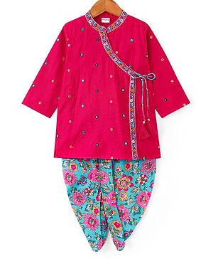 Babyhug Woven Full Sleeves Angarakha Style Mirror Embroidered Kurta With Floral Printed Dhoti Set - Fuschia