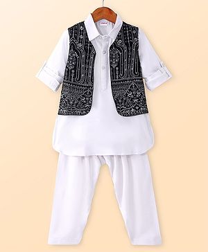 Babyhug Woven Full Sleeves Solid Kurta Pyjama Set with Sequin Embroidered Jacket - White