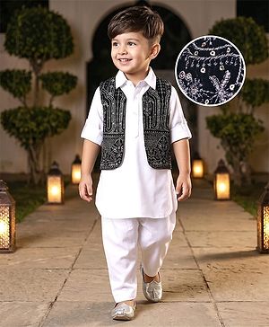 Babyhug Woven Full Sleeves Solid Kurta Pyjama Set with Sequin Embroidered Jacket - White