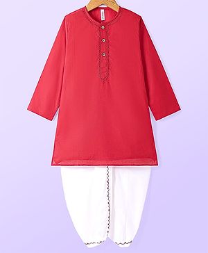 Babyhug Cambric Woven Full Sleeves Floral Embroidery Kurta & Dhoti Set - Red