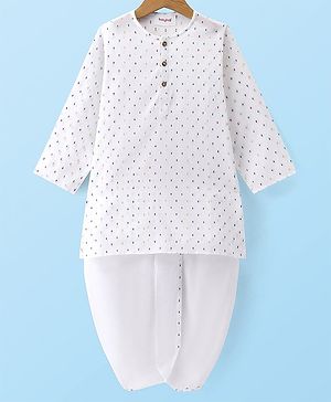 Babyhug Cambric Woven Full Sleeves Polka Dot Print Kurta & Dhoti Set- Off White
