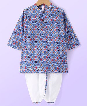 Babyhug Cambric Woven Full Sleeves Printed Dhoti Kurta Set - Blue