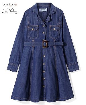 Arias Denim Full Sleeves Shirt Style Dark Washed Frock With Belt - Blue