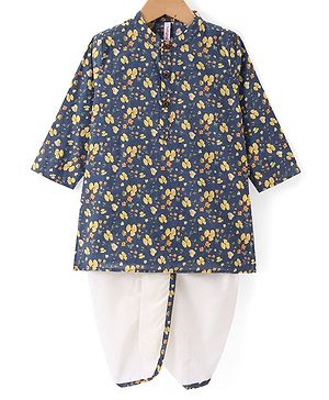 Babyhug Cambric Woven Full Sleeves Kurta Dhoti Set Floral Print - Teal