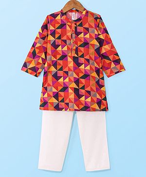 Babyhug Cambric Woven Full Sleeves Geometric Printed Kurta & Pyjama Set - Orange