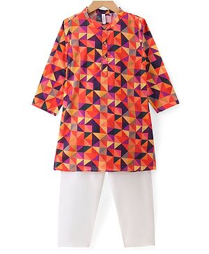 Babyhug Cambric Woven Full Sleeves Printed Kurta Pyjama Set - Orange