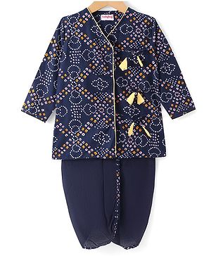 Babyhug Cambric Woven Full Sleeves Bandhani Printed Angarkha Dhoti Set with Tassle Detailing - Navy Blue