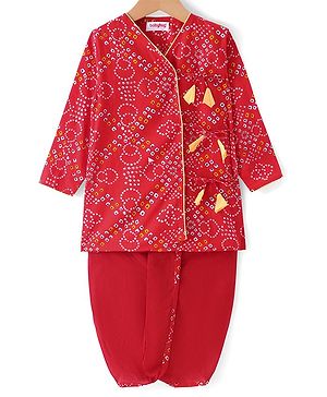 Babyhug Cambric Woven Full Sleeves Bandhani Printed Angarkha Dhoti Set with Tassle Detailing - Red