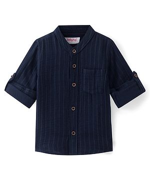 Babyhug Cotton Woven Full Sleeves Mandarin Collar Solid Colour Shirt - Navy Blue