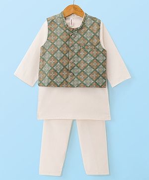 Babyhug Cambric Woven Full Sleeves Solid Kurta Pyjama Set With Floral Printed Jacket - Off White
