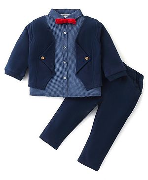 ToffyHouse Full Sleeves Shirt & Pant Set With Bow Solid Colour -Navy Blue