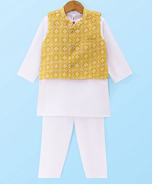 Babyhug Cambric Woven Solid Color Kurta Pyjama Set with Printed Jacket - Off White