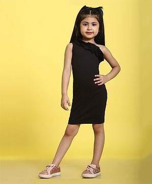 Mini & Ming Cotton One Shoulder  Frill Detailed & Solid Knitted Dress - Black