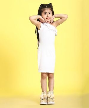 Mini & Ming Cotton One Shoulder  Frill Detailed & Solid Knitted Dress -  White