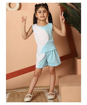 Mini & Ming Cotton Sleeveless Colour Block  Top With Short - White & Blue