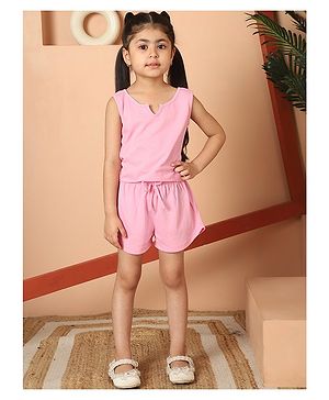 Mini & Ming Cotton Sleeveless Solid  Knitted Top With Short Set - Pink