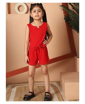 Mini & Ming Cotton Sleeveless Solid  Knitted Top With Short Set - Red