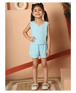 Mini & Ming Cotton Sleeveless Solid  Knitted Top With Short Set - Sea Green