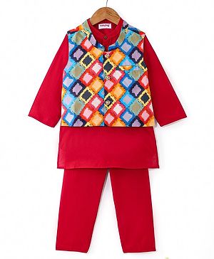 Babyhug Cambric Woven Full Sleeves Solid Colour Kurta Pyjama Set with Printed Jacket -  Maroon
