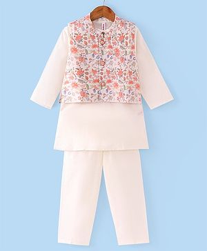 Babyhug Cambric Cotton Woven Full Sleeves Solid Kurta with Pyjama Pants & Floral Printed Jacket - White