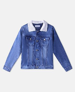 Arias Cotton Elastane Washed Denim Jacket With Fur Detailing on Collar - Blue