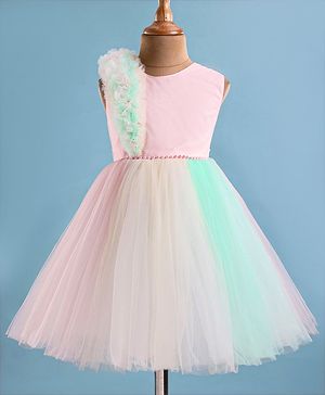 Bluebell Satin Woven Sleeveless Party Frock with Frill & Pearl Detailing - Pink