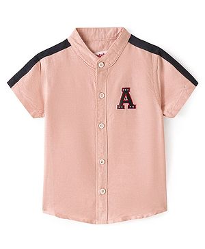 Babyhug  Cotton Woven Half Sleeves Solid Color Shirt With Mandarin Collar Text Embroidered - Light Peach