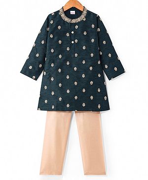 Babyhug Woven Full Sleeves Floral Embroidered Kurta Pyjama Set - Bottle Green