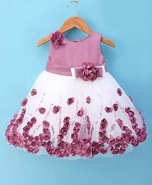 Bluebell Net Woven Sleeveless Party Frock With Floral Corsage Applique & Sequins Detailing - White & Wine