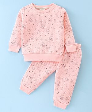 Ollypop Full Sleeves Winter Wear Co-Ord Suit With Forest Homes Print - Baby Peach