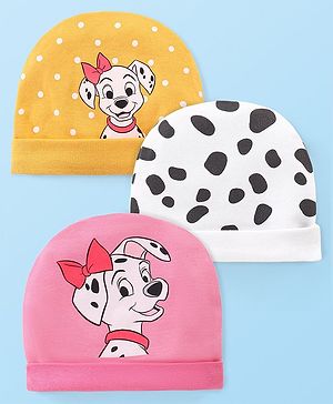 Babyhug Disney  Interlock Knit Caps with 101 Dalmatians Graphic Pack of 3 - Pink Yellow & White