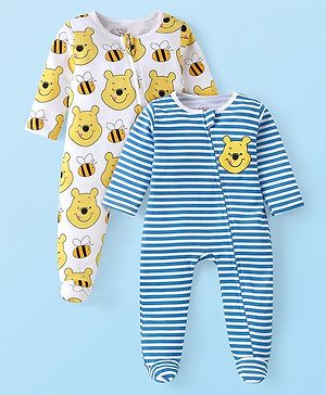 Babyhug Disney Interlock Knit Full Sleeves Sleep Suits with Stripes & Winnie the Pooh Graphics Pack of 2 - Blue & White