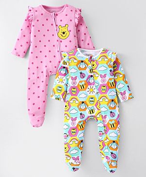 Babyhug Disney Interlock Knit Full Sleeves Sleep Suit with Frill Detailing & Winnie the Pooh Print Pack of 2 - Pink &  White