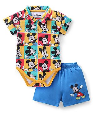 Babyhug Disney Interlock Knit Half Sleeves Onesie With Shorts Mickey Mouse Graphics - Multicolour