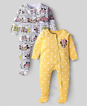 Babyhug Disney Interlock Knit Full Sleeves Sleep Suits With Minnie Mouse Graphics Pack of 2 - White & Yellow