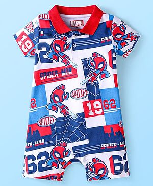 Babyhug Marvel Interlock Knit Half Sleeves Romper with Spiderman Print & Collar Detailing - Red Blue & White