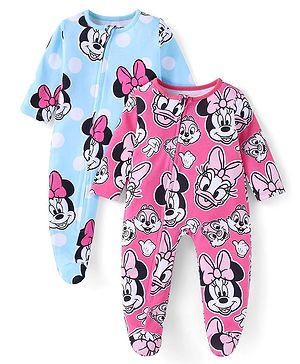 Babyhug Disney Interlock Knit Full Sleeves Sleep Suits With Minnie Mouse & Friends Print Pack Of 2 - Pink & Blue