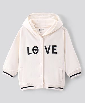 Bonfino 100% Cotton French Terry Knit Full Sleeves Hooded  Sweatjacket with  Text  Embroidery - Ivory