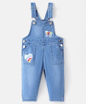 Bonfino  Cotton Spandex Knit Sleeveless Dungaree with Heart & Butterfly Embroidery - Blue