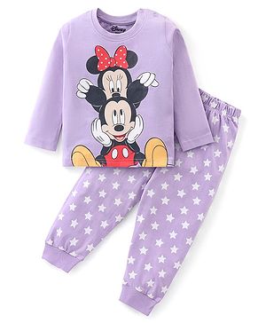 Babyhug Disney Single Jersey Knit Full Sleeves Night Suit with Minnie and Mickey Mouse Graphics - Purple