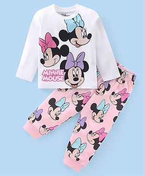 Babyhug Disney Single Jersey Full Sleeves Night Suit With Minnie Mouse Graphics - White & Pink
